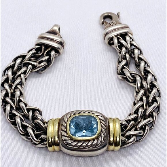 David Yurman Albion Blue Topaz Double Wheat Cable Sterling 14K Gold Bracelet - Picture 1 of 9